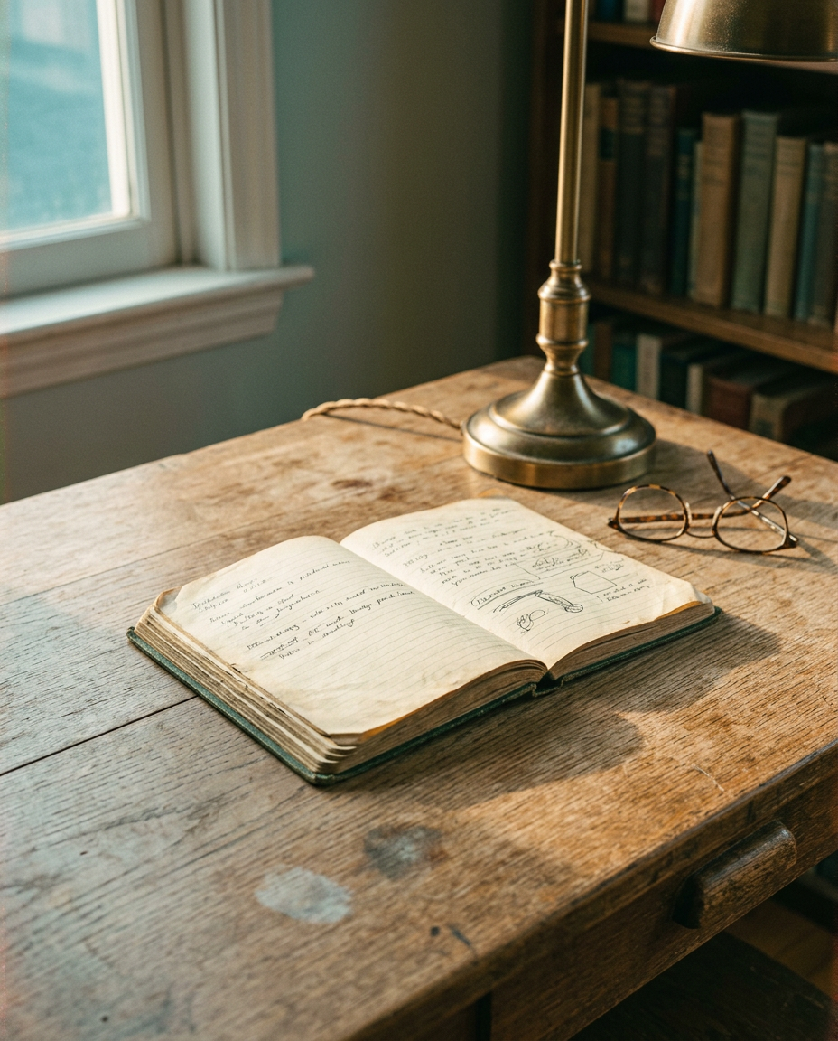 An open notebook on a sunlit wooden desk beside a brass lamp and reading glasses