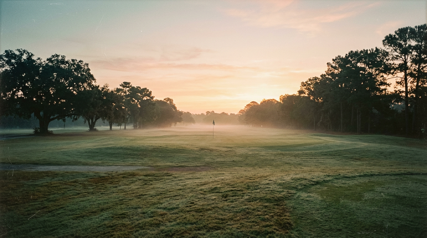 Empty golf fairway at sunrise, mist hugging the grass, a lone flag in the distance