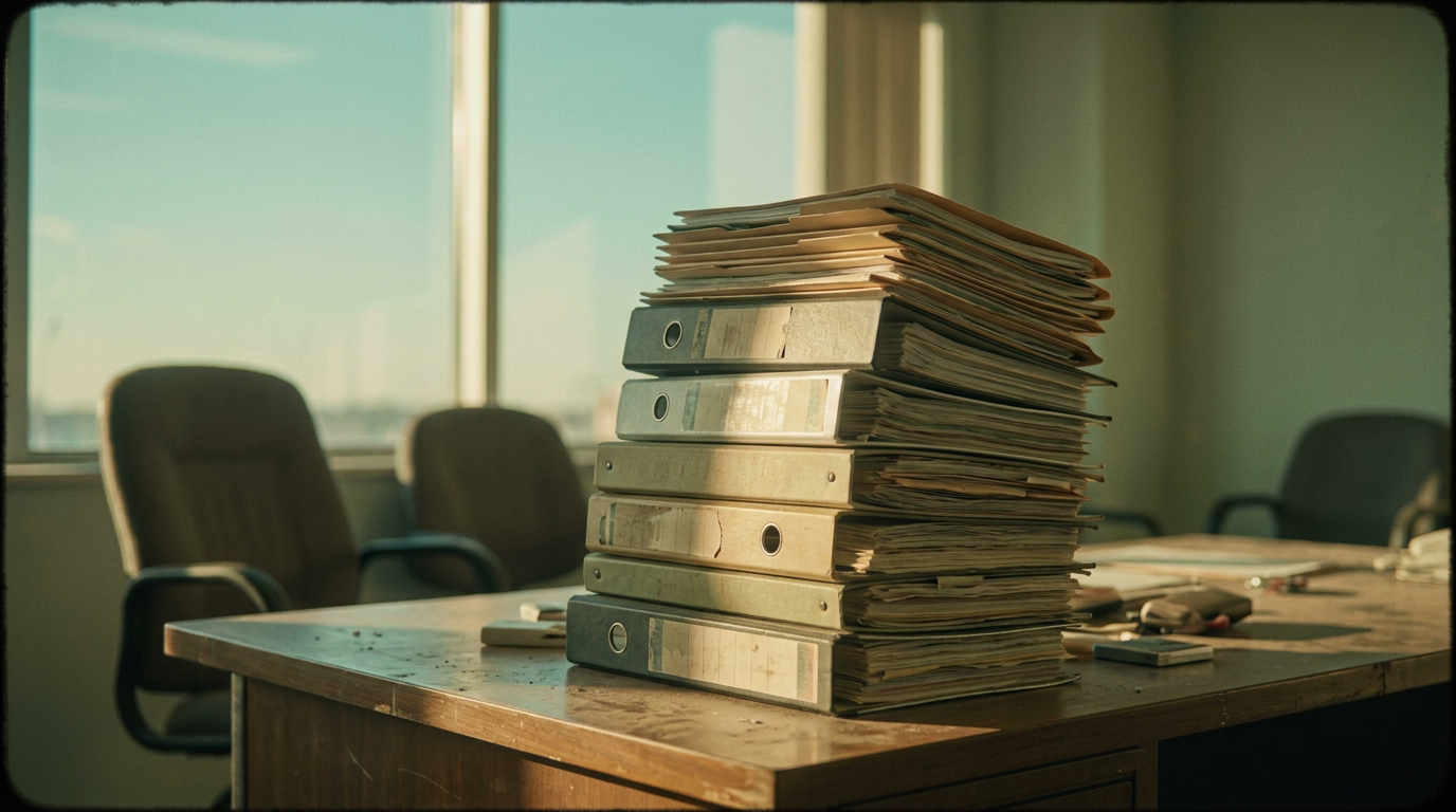 A tall stack of dusty manila folders and binders on an empty office desk in fading afternoon light
