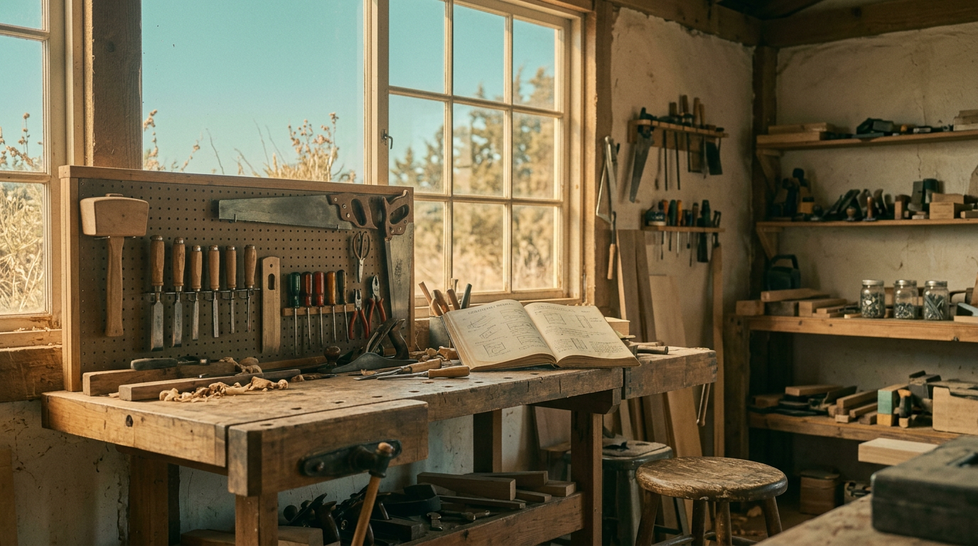 A craftsman's workbench in a sunlit workshop with hand tools arranged in careful order beside an open book of diagrams