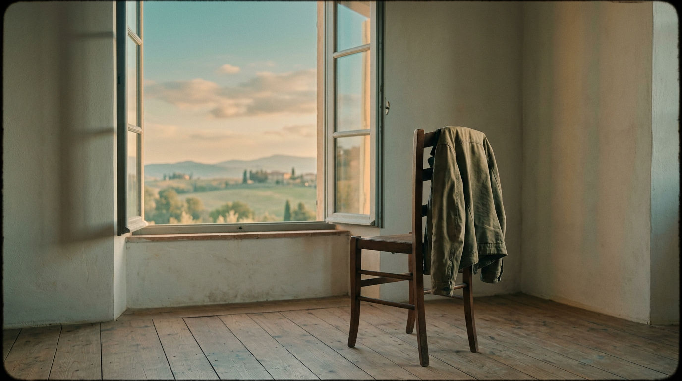 An empty wooden chair with a folded jacket facing an open window onto a soft landscape at golden hour